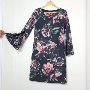 JAX Black Label Women Lace Black Pink Floral Bell Long Sleeve Round Neck Dress